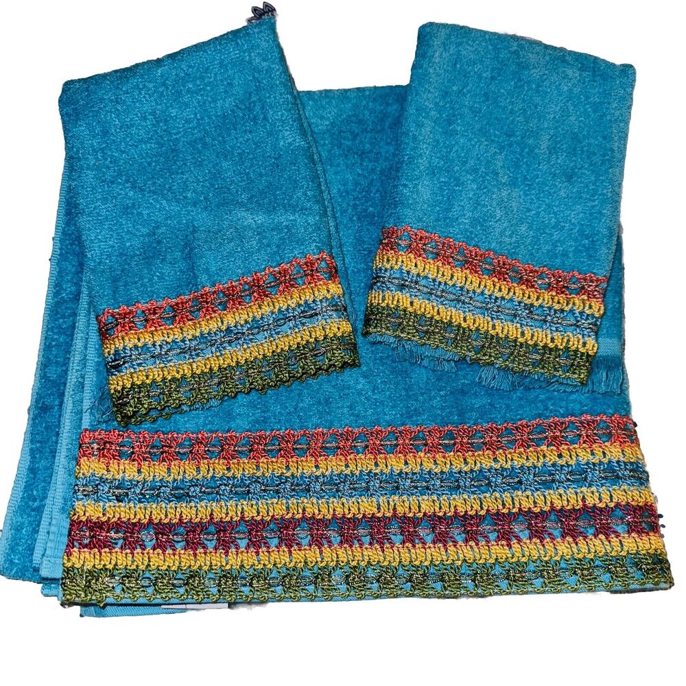 AVANTI Cotton Towel Set Macrame Teal Blue - 1 Bath Towel 2 Finger Tip NWT
